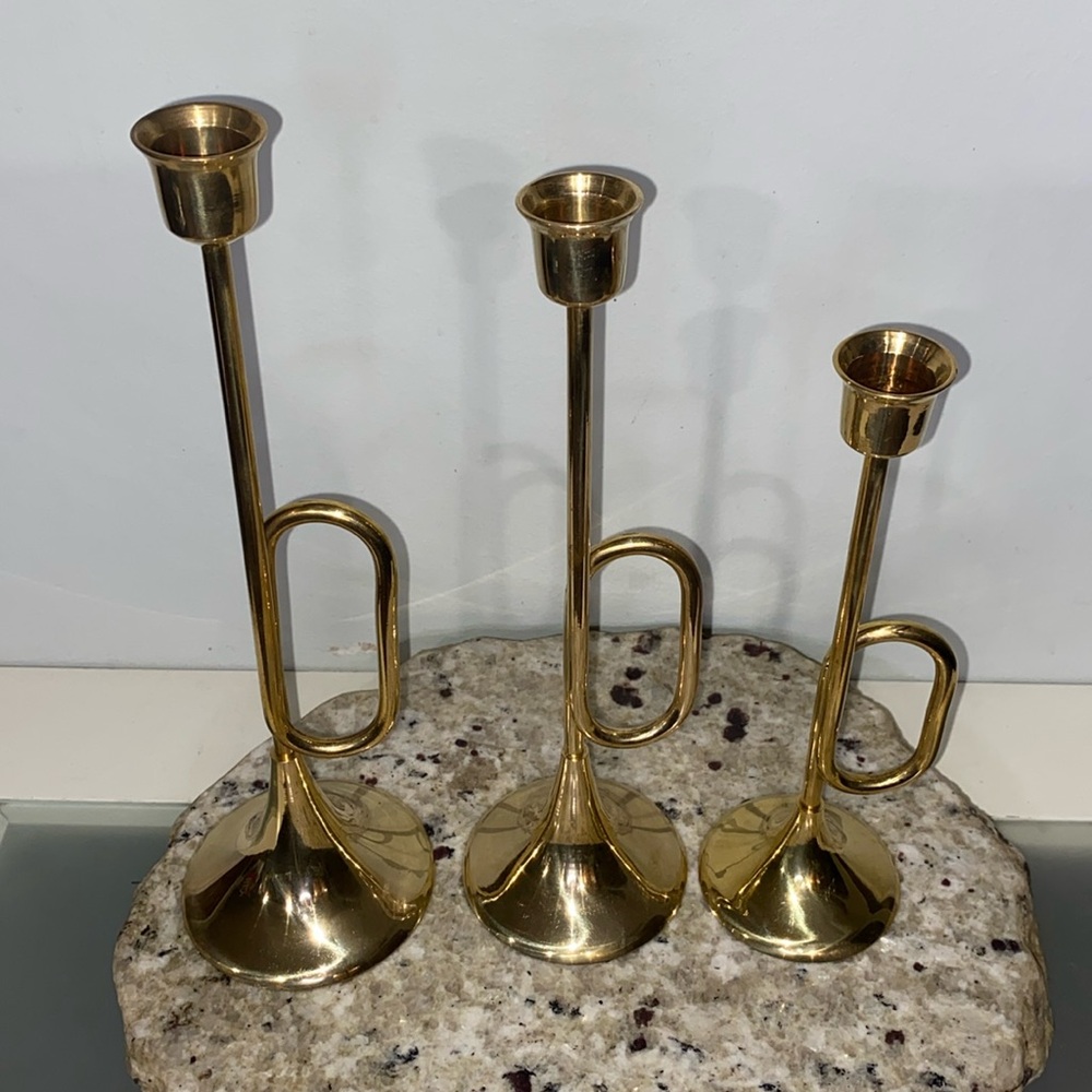 Vintage S.K. Brass World Brass Bugle Candle Holders Set of 3- 8” 10” 12”